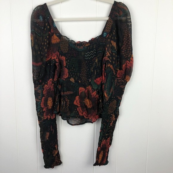 Farm Rio Black River Creatures Smocked Blouse X-Small - Picture 8 of 14